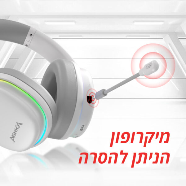 ⁦אוזניות לבנות עם תאורת RGB חיבור 2.4/BT /USB⁩ – תמונה ⁦3⁩
