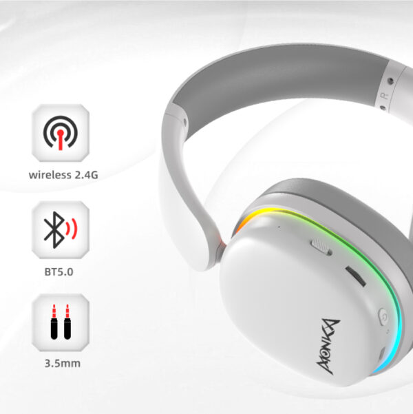 ⁦אוזניות לבנות עם תאורת RGB חיבור 2.4/BT /USB⁩ – תמונה ⁦4⁩