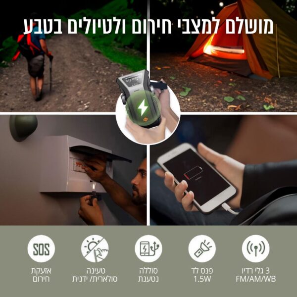 ⁦רדיו FM/AM נייד עם פנס, טעינה סולארית וידנית, סוללה נטענת ו-SOS,לבן⁩ – תמונה ⁦4⁩