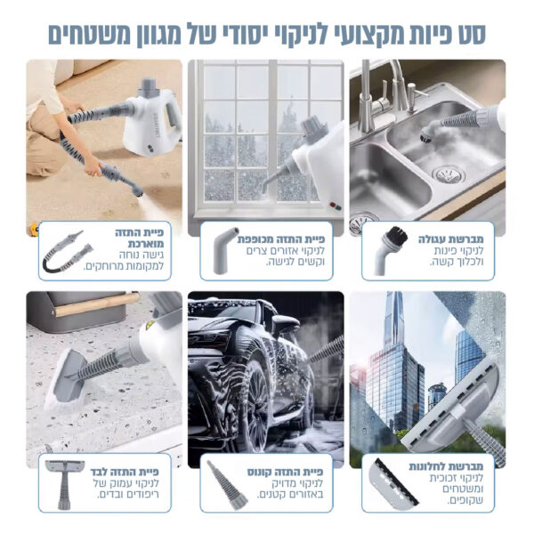 ⁦מכשיר ניקוי ידני עוצמתי בלחץ קיטור 1100W  עם סט 8 אביזרים⁩ – תמונה ⁦3⁩