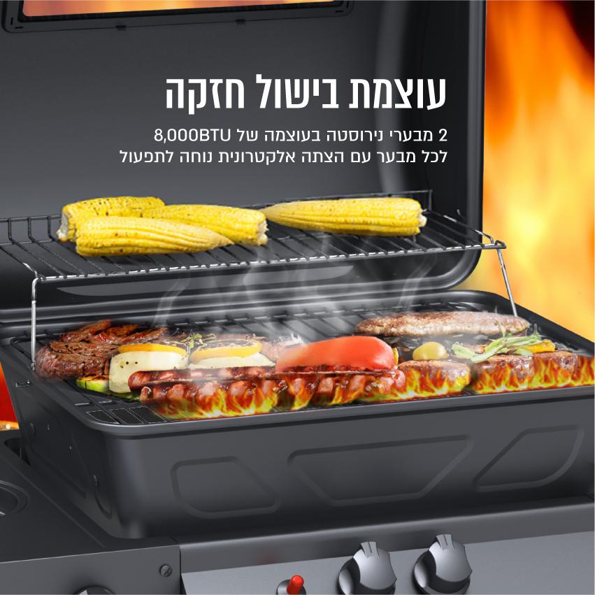 גריל גז 2 מבערים עם כירת צד 28,000BTU + כיסוי איכותי מתנה! – תמונה 2