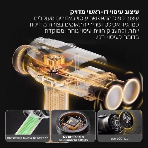 אקדח עיסוי דו-ראשי מקצועי עם 12 ראשי עיסוי מתחלפים וסוללה נטענת, עוצמה כפולה – תמונה 4