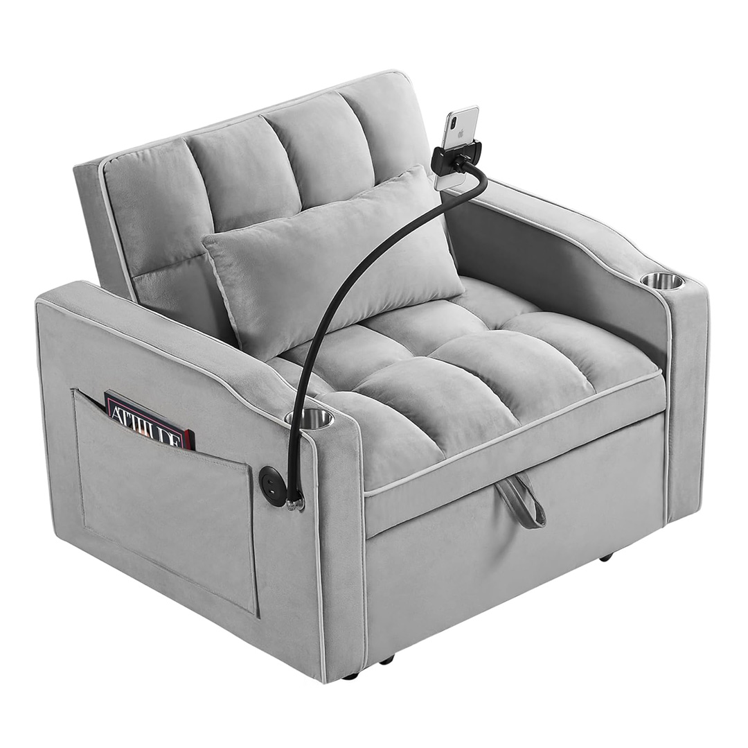 כורסה נפתחת למיטת יחיד עם טעינה USB ומעמד טלסקופי לנייד