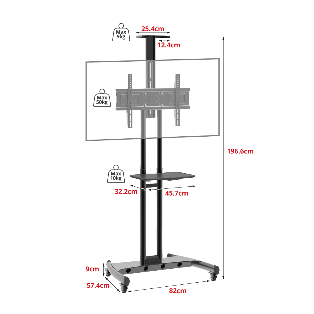 עגלת טלוויזיה ניידת למסכים עד "75 עם בסיס גלגלים חזק ורחב – תמונה 5
