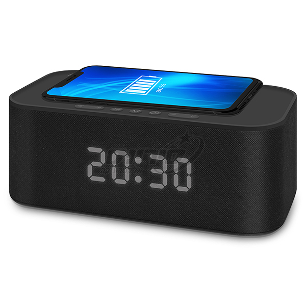 רמקול בלוטוס עם שעון מעורר ומשטח טעינה – תמונה 6