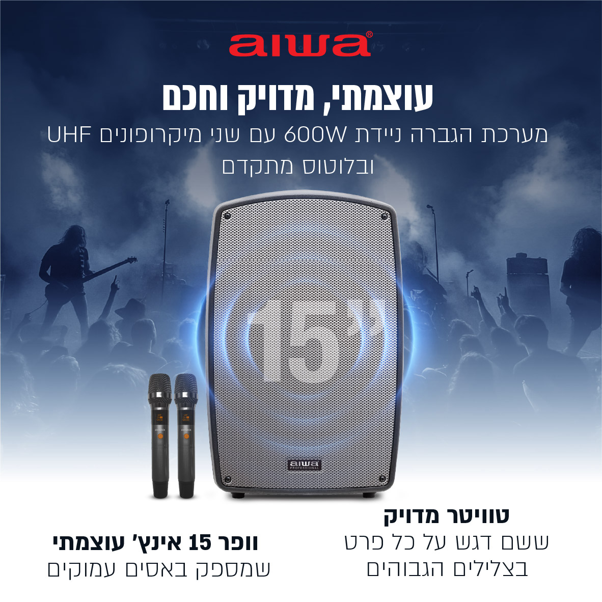 מערכת הגברה ניידת מקצועית עם 2 מיקרופונים 600W – תמונה 7