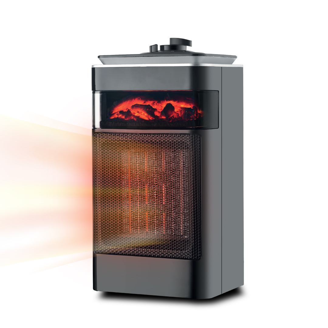 קוביית חימום קרמית 1500W עם אפקט להבה בצבע שחור